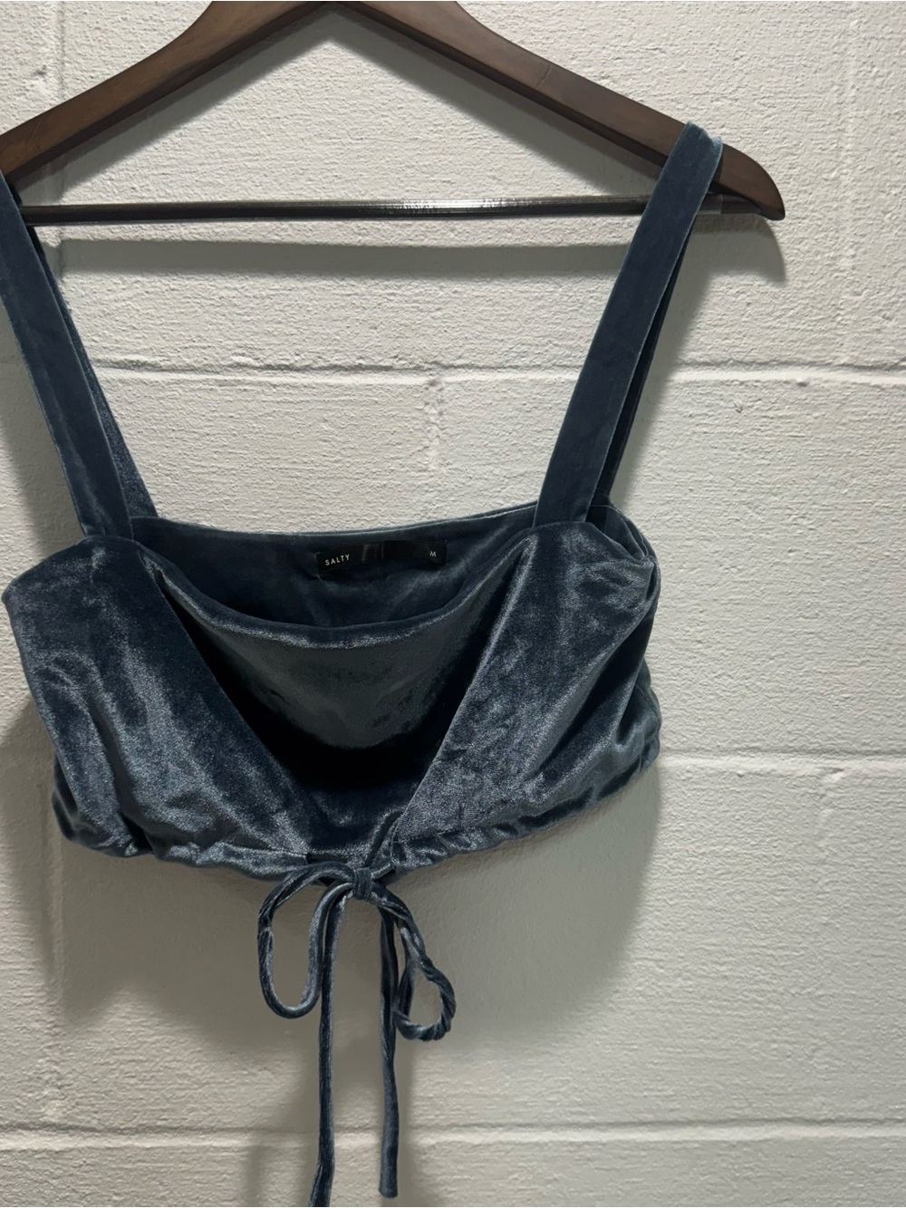 Salty Blue Velvet Tie Front Crop Top Bralette Cowl Neck Size Medium